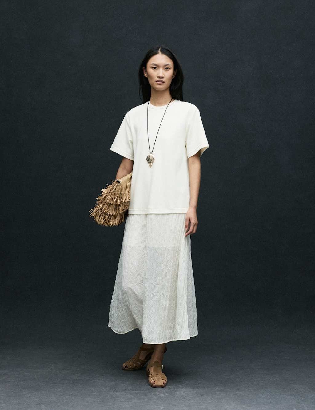 Marks & Spencer M&S Cotton Rich Sheer Panel T-Shirt Dress Ivory - 1
