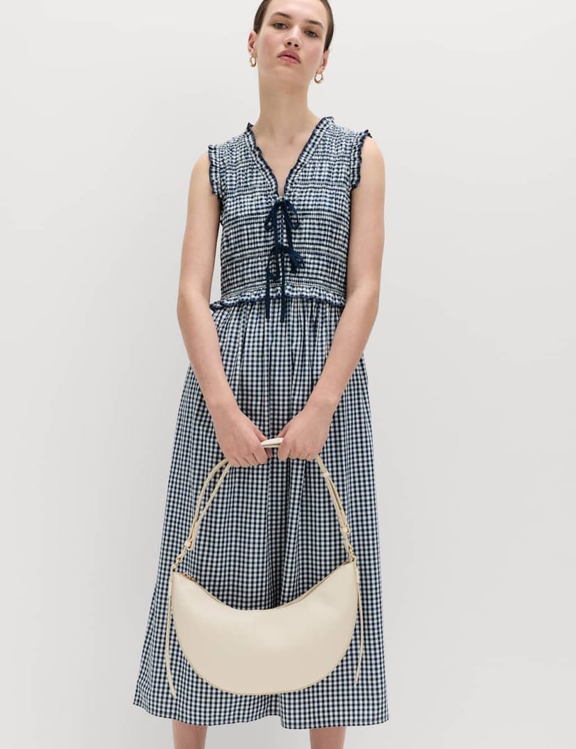 Marks & Spencer M&S Cotton Rich Gingham Midi Waisted Dress Black Mix - 1