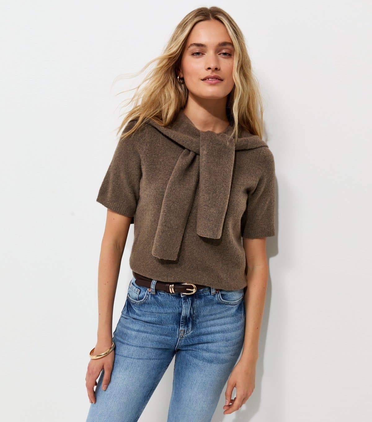 New Look Women's Dark Brown Brushed Knit Scarf Detail Short Sleeve Top New Look