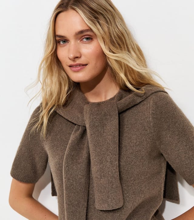 New Look Women's Dark Brown Brushed Knit Scarf Detail Short Sleeve Top New Look - 2