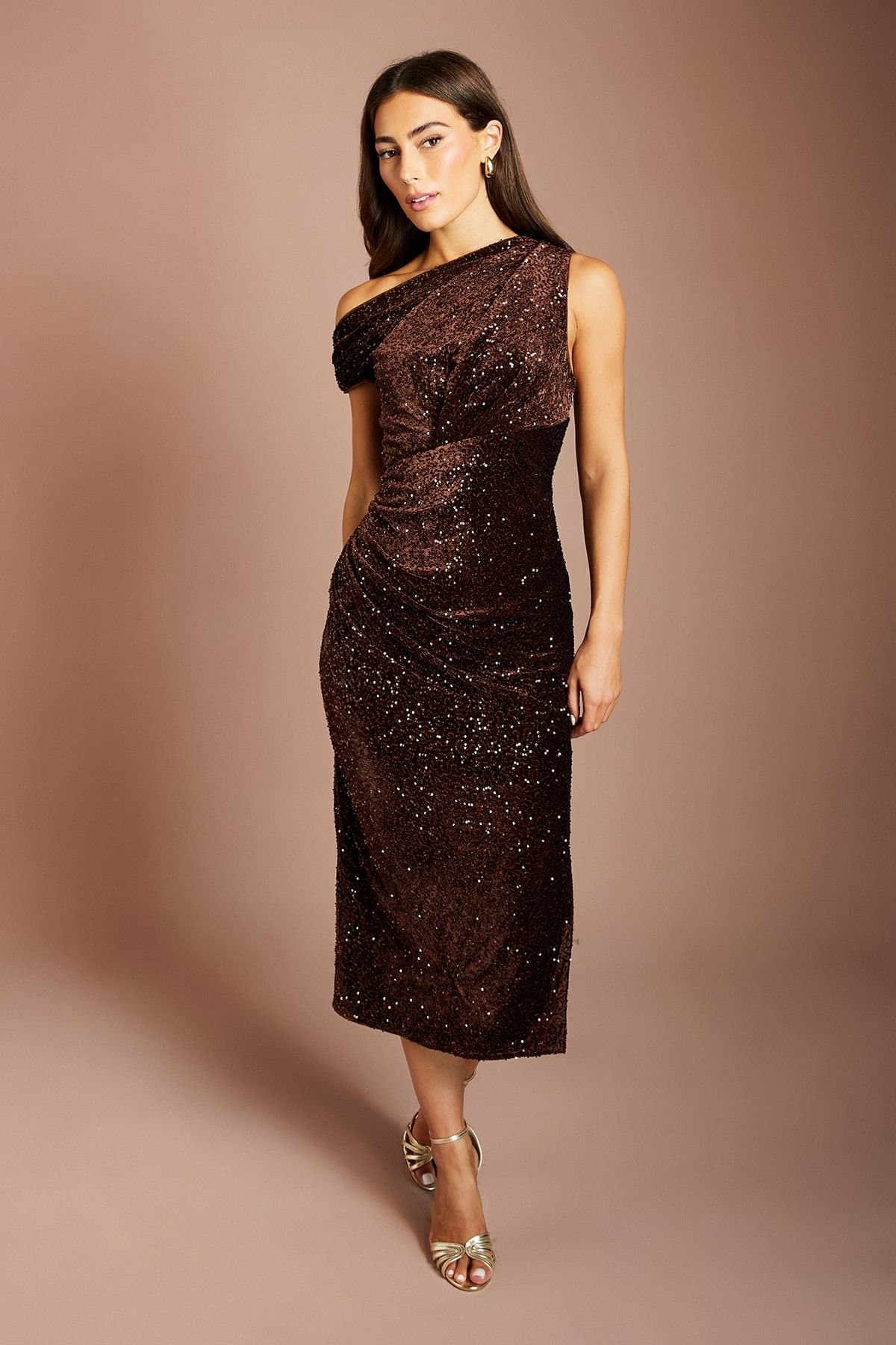 Coast Coast Women's Velvet Sequin One Shoulder Midi Dress in Chocolate