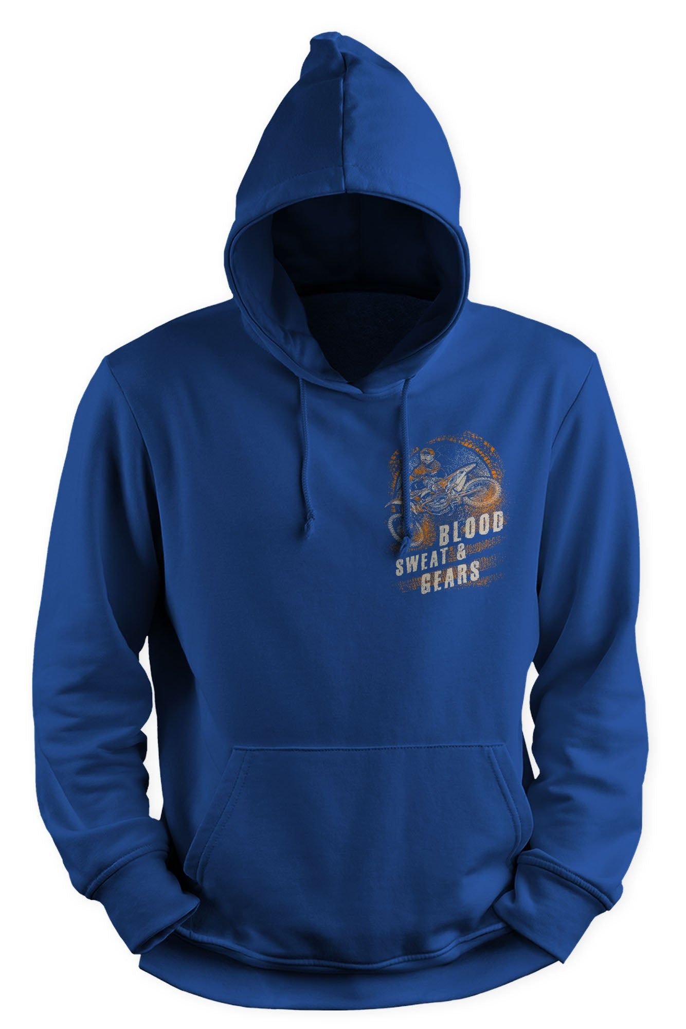 Bad Zebedee Bad Zebedee Men's Blood Sweat & Gears Back Print Motorbike Hoodie in Royal - 2