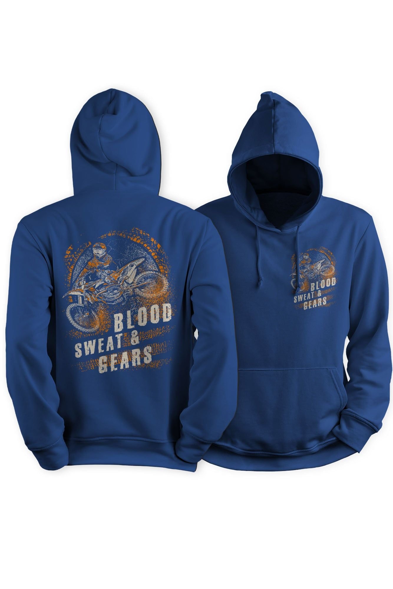 Bad Zebedee Bad Zebedee Men's Blood Sweat & Gears Back Print Motorbike Hoodie in Royal - 3