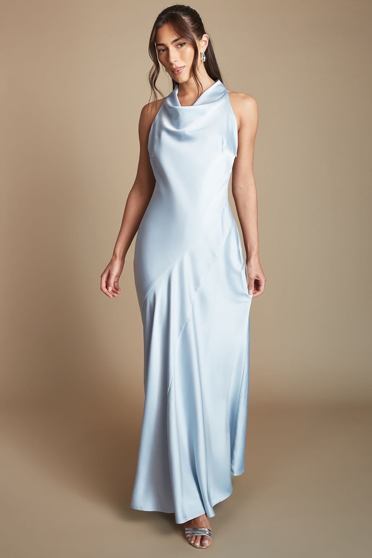 Oasis Oasis Women's Light Blue Cowl Halterneck Satin Maxi Bridesmaid Dress - 4