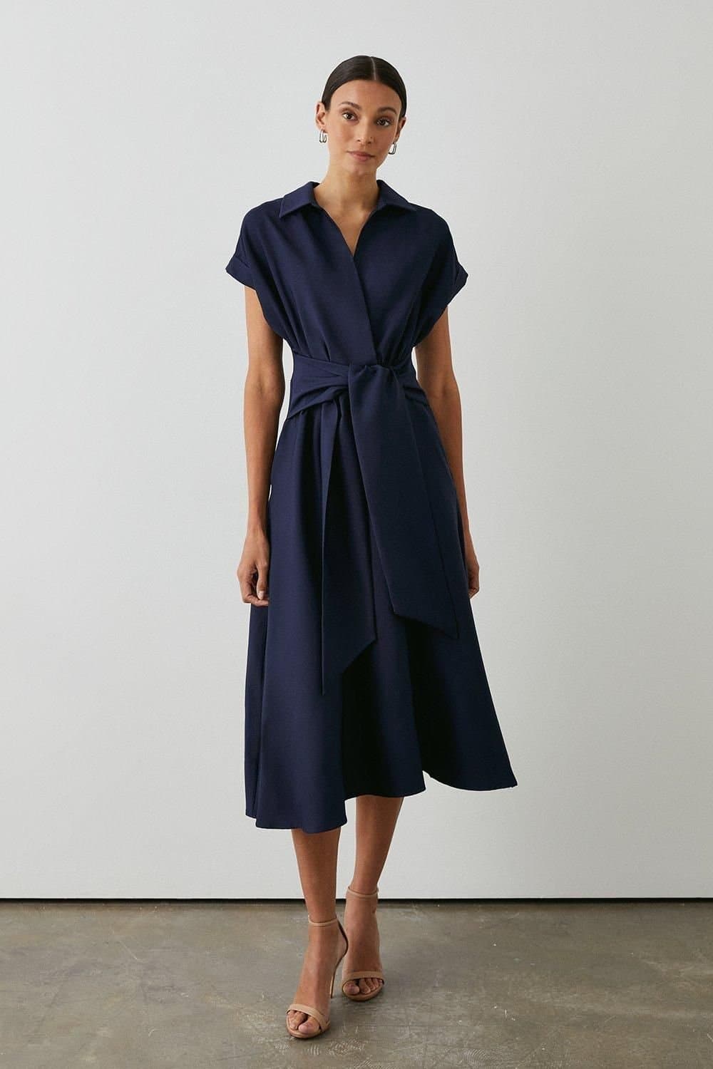 Principles Principles Women's Formal Front Tie Shirt Midi Dress in Navy