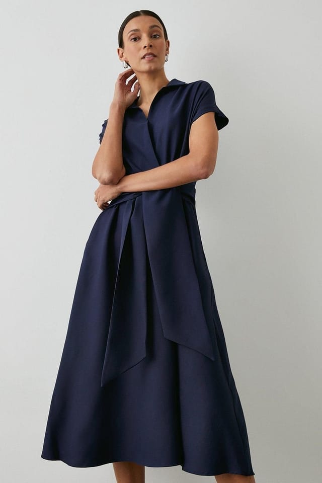 Principles Principles Women's Formal Front Tie Shirt Midi Dress in Navy - 3