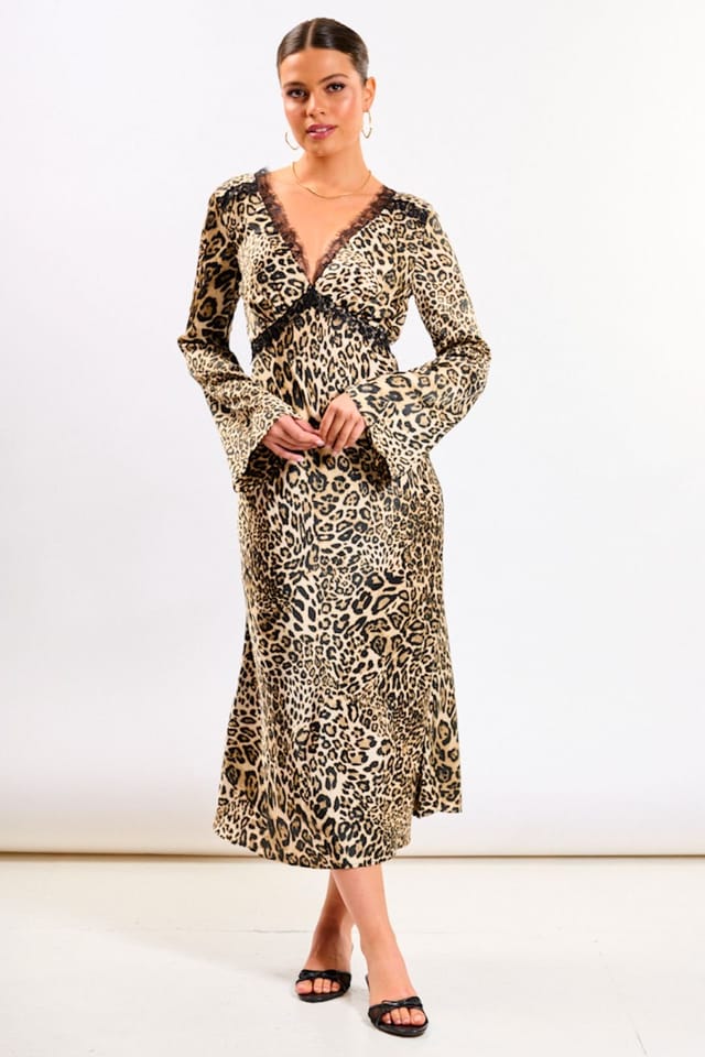 Needs No Label Needs No Label Women's Animal Long Sleeve Lace Midi Dress in Brown - 3