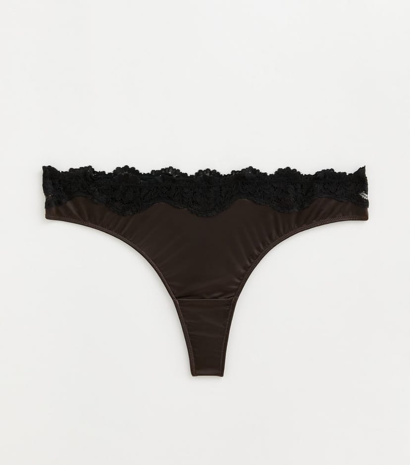 New Look Women's Dark Brown Satin & Lace Top Thong New Look - 1