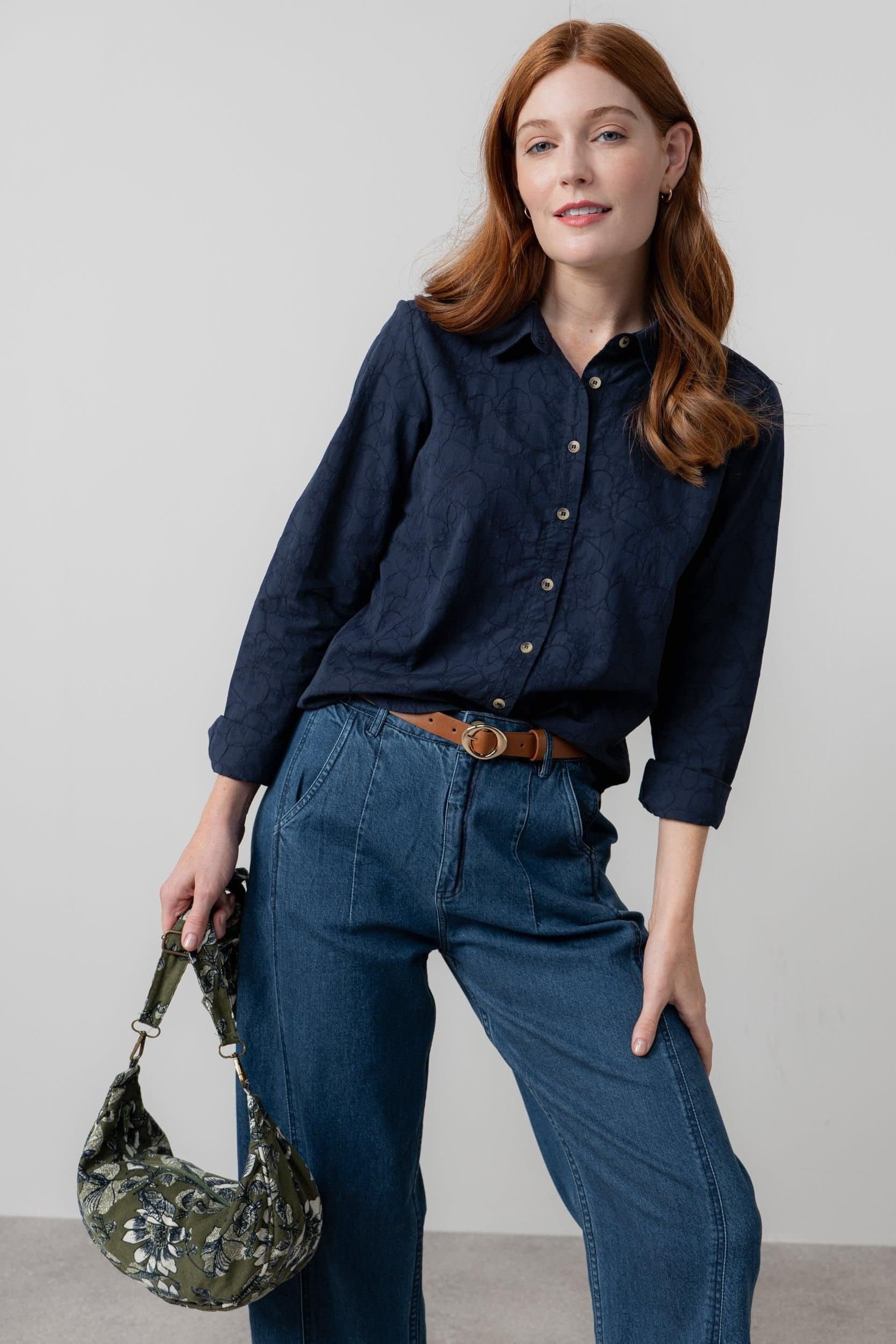 Lily & Me Lily & Me Women's Patsy Textured Jacquard Cotton Blend Long Sleeved Shirt in Navy