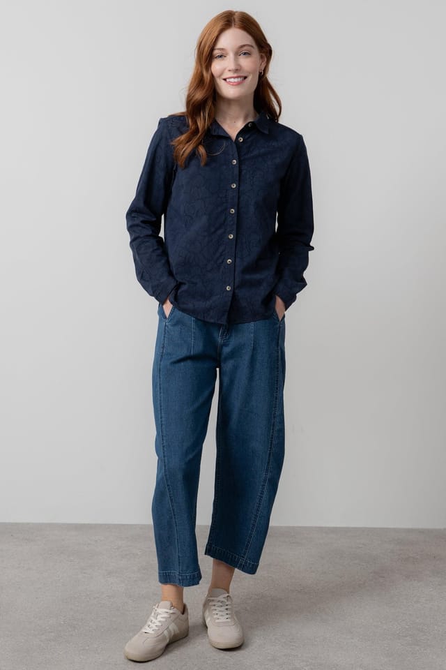 Lily & Me Lily & Me Women's Patsy Textured Jacquard Cotton Blend Long Sleeved Shirt in Navy - 3