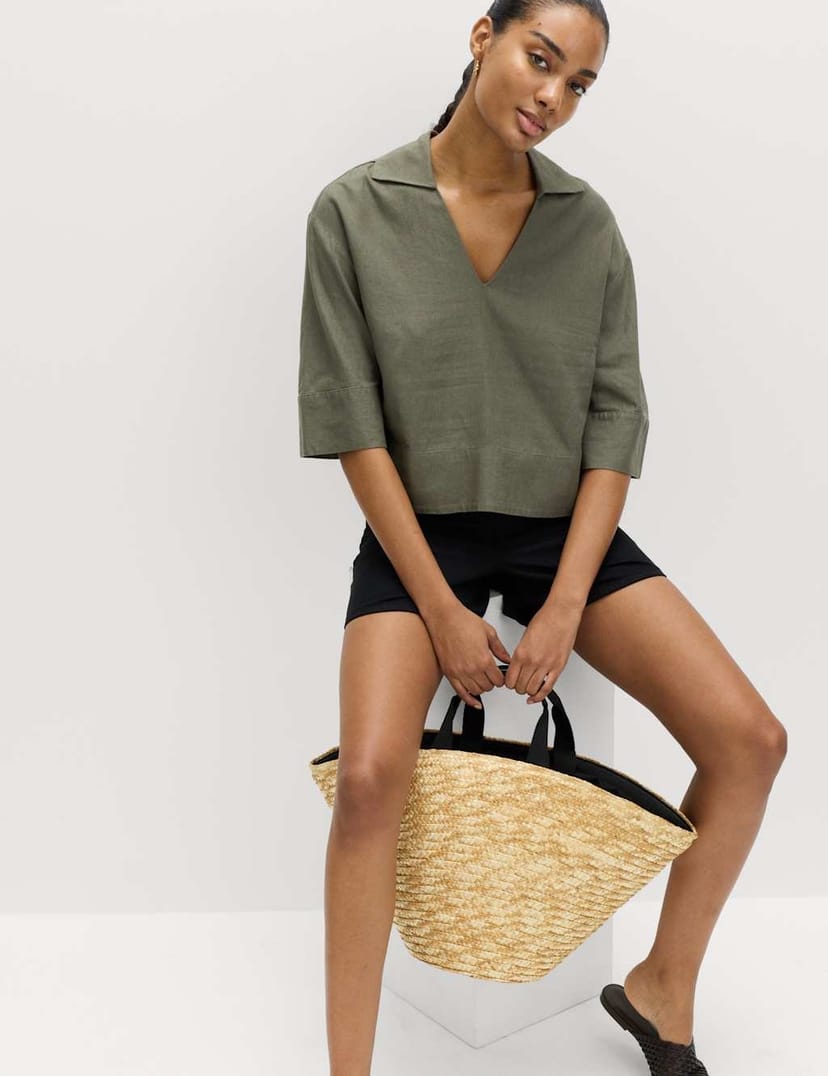Marks & Spencer M&S Linen Rich Collared Crop Top Dark Khaki - 1