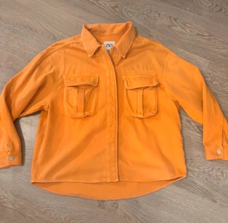 Zara Zara Orange Utility Overshirt Jacket XS Shacket Cargo Pockets Cotton Oversized Casual