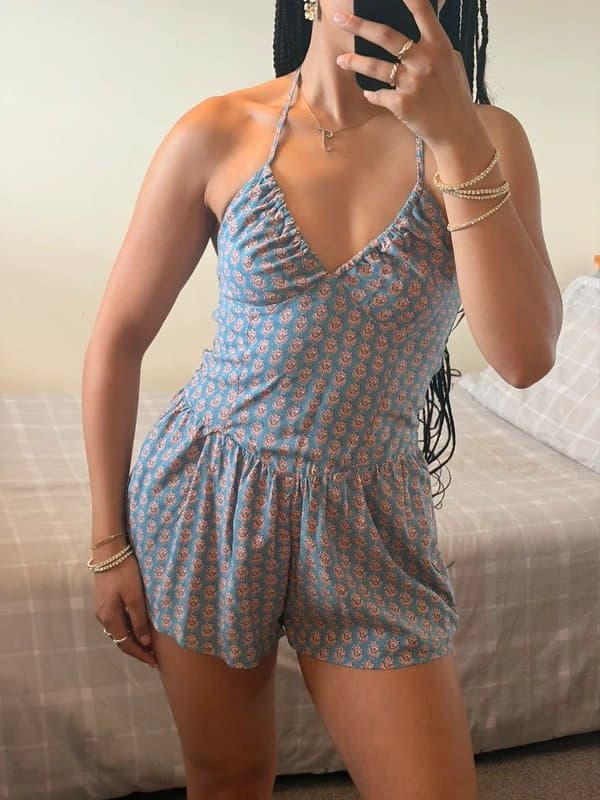 Bershka Floral blue and pink halter-neck adjustable shorts jumpsuit