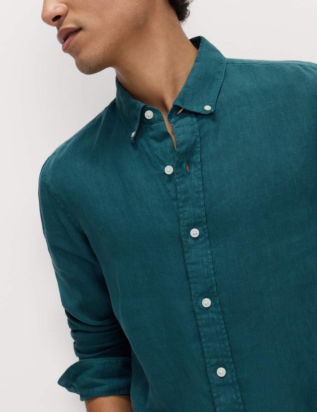 Marks & Spencer M&S Teal Linen Garment Dye Shirt for Men