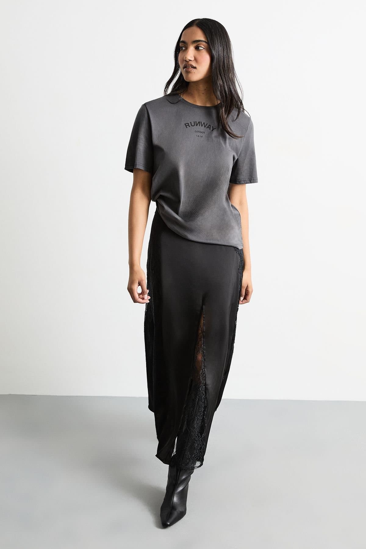 RUNWAY 1.8.1.8 RUNWAY 1.8.1.8 Women's Delicate Lace Detail Satin Maxi Skirt in Black