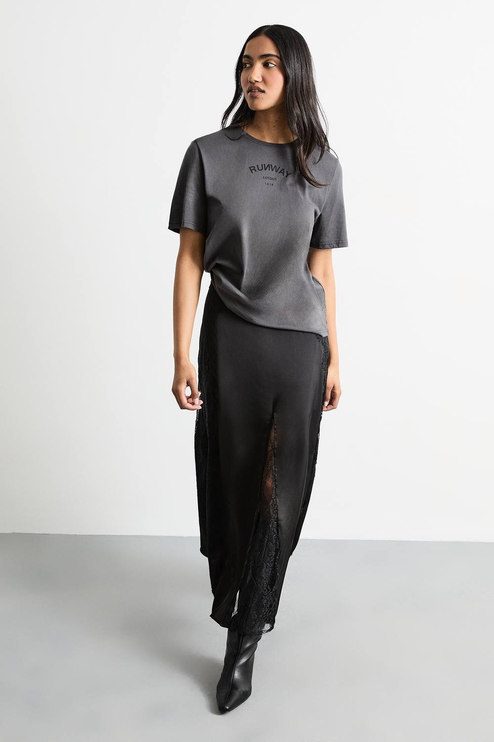 RUNWAY 1.8.1.8 RUNWAY 1.8.1.8 Women's Delicate Lace Detail Satin Maxi Skirt in Black - 2