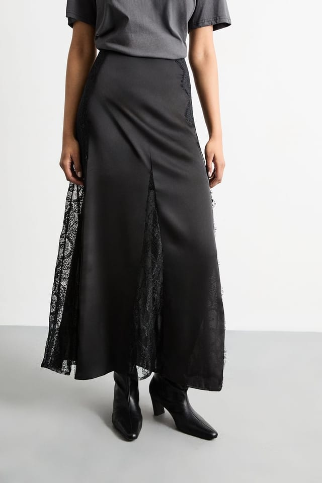 RUNWAY 1.8.1.8 RUNWAY 1.8.1.8 Women's Delicate Lace Detail Satin Maxi Skirt in Black - 2