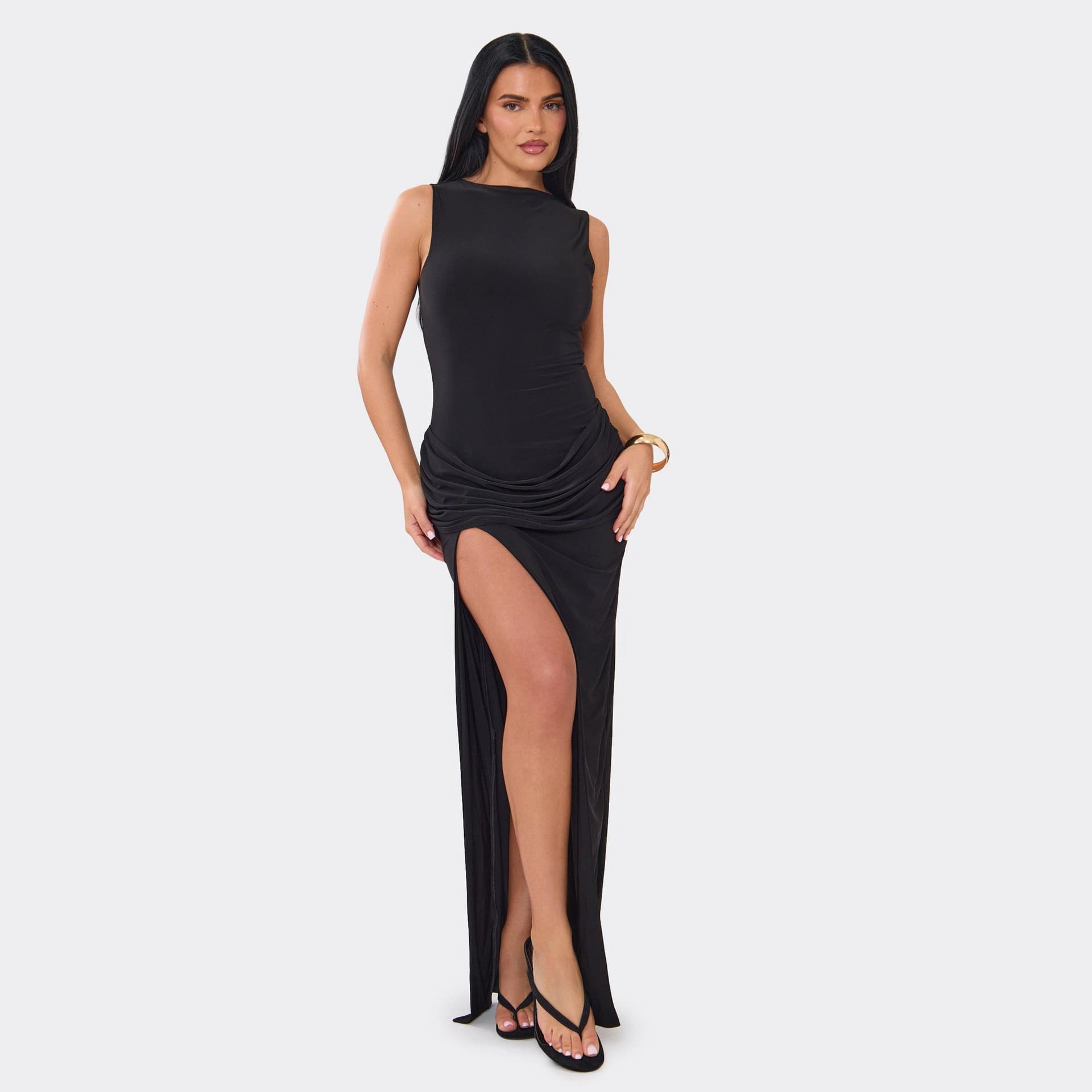 EGO Boat Neck Drape Panel Split Leg Maxi Dress In Black, Women's Size UK 6