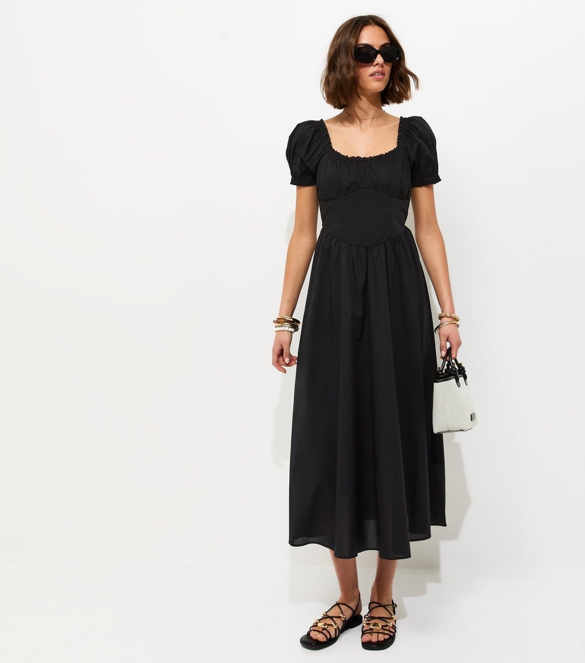 New Look Women's Black Lace Trim Milkmaid Midi Dress New Look