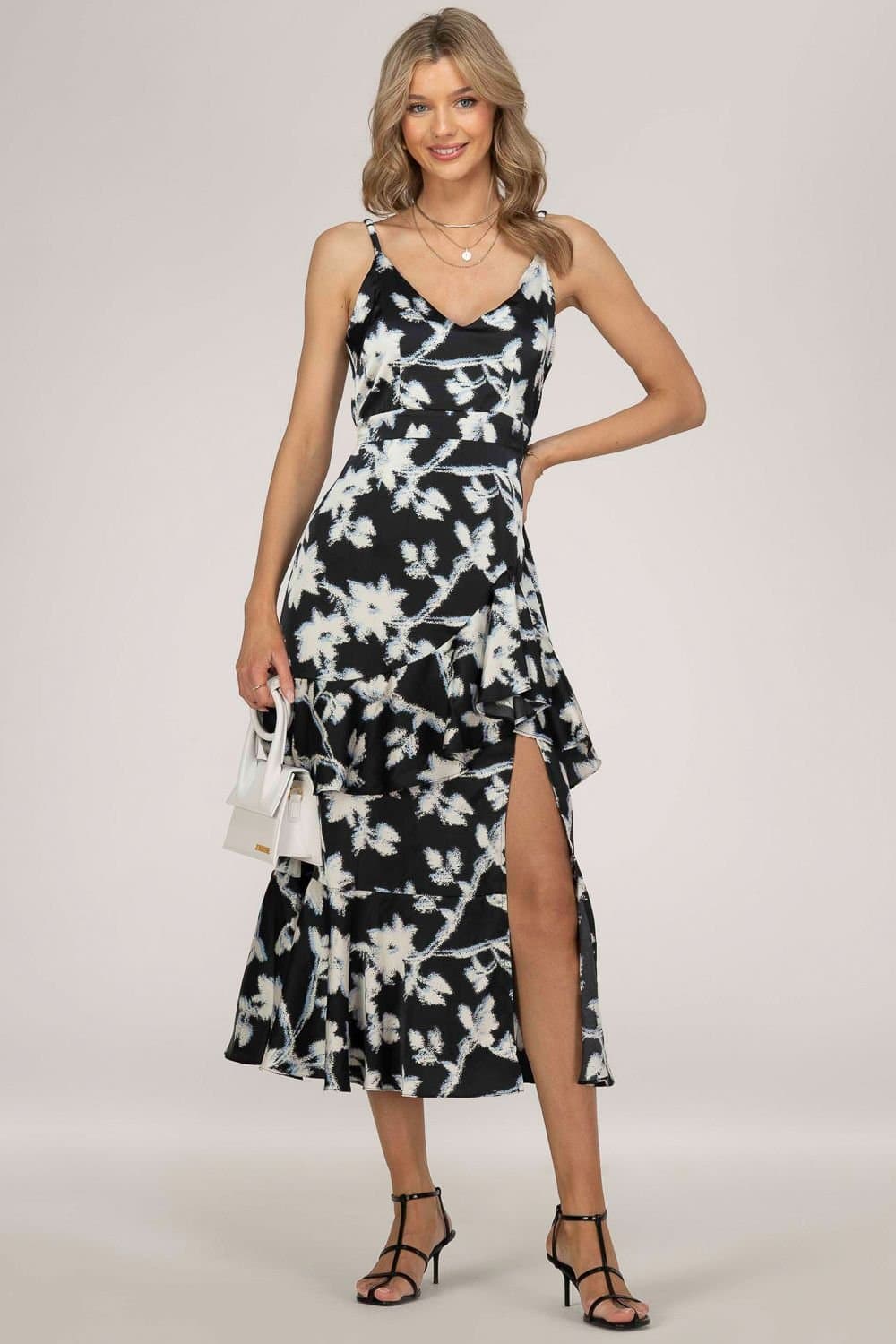 Jolie Moi Jolie Moi Women's Spaghetti Strap Satin Maxi Dress in Black
