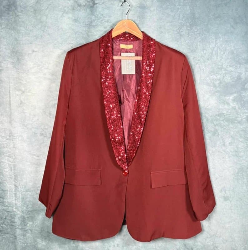 Lucy lous Lucy Lou’s Women’s Kim Sparkle Trim Blazer Wine Sequin Lapel Oversized One Size Uk 16-24 BNWT New
