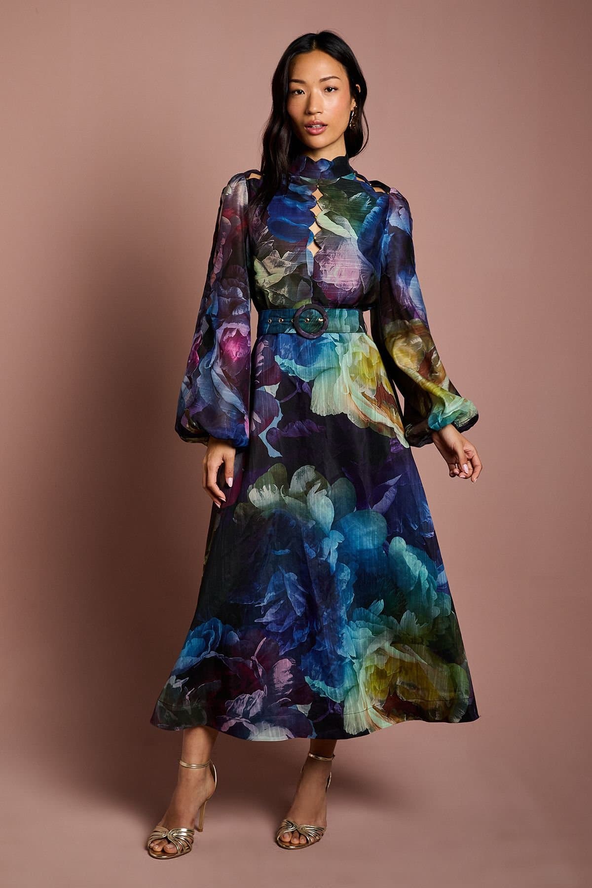 Coast Coast Women's Long Sleeve Scallop Cut Out Detail Organza Midi Dress in Navy