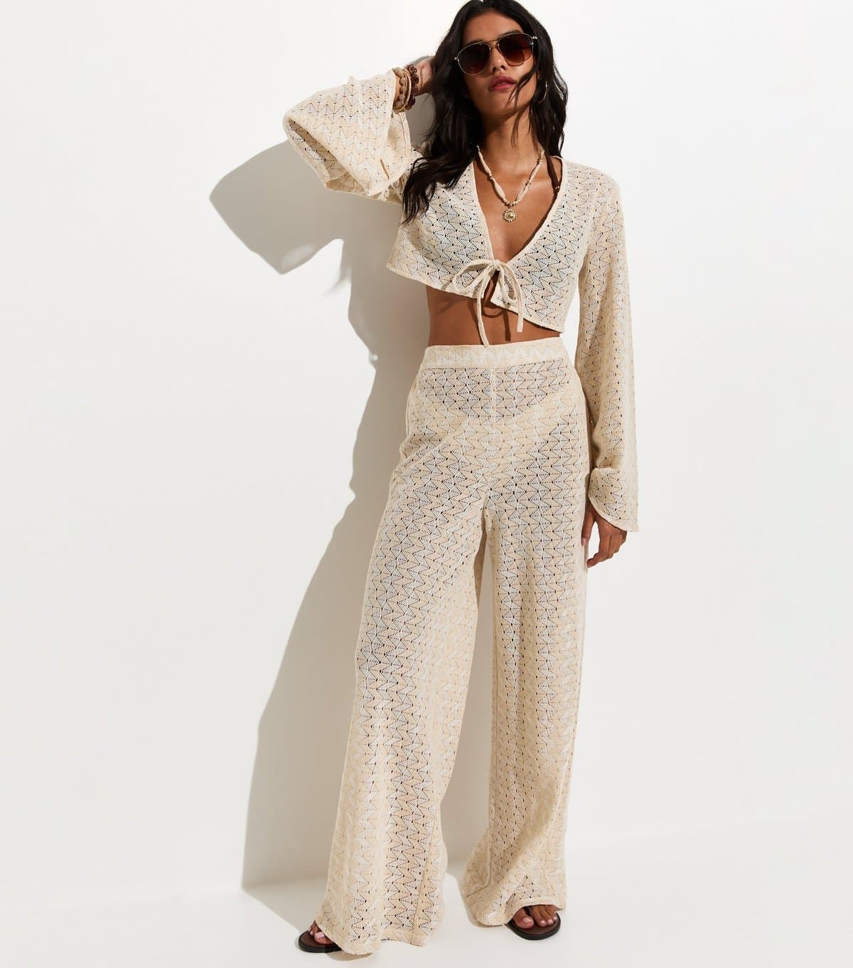 New Look Women's Off White Cotton Rich Crochet Knit Beach Trousers New Look