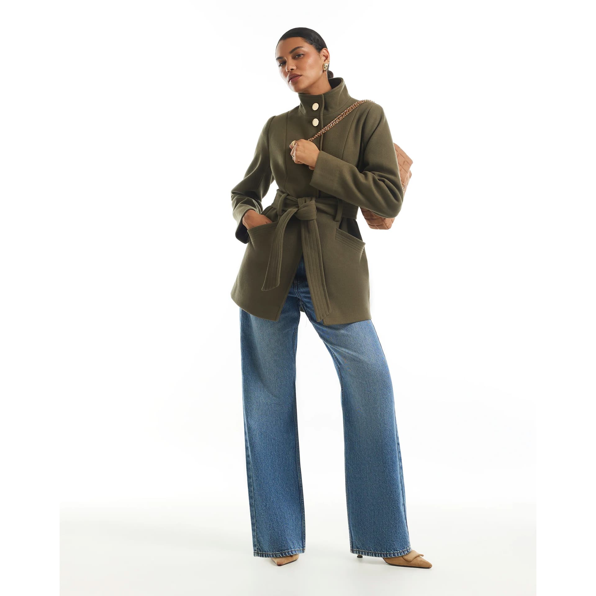 River Island River Island Womens Khaki Belted Short Coat