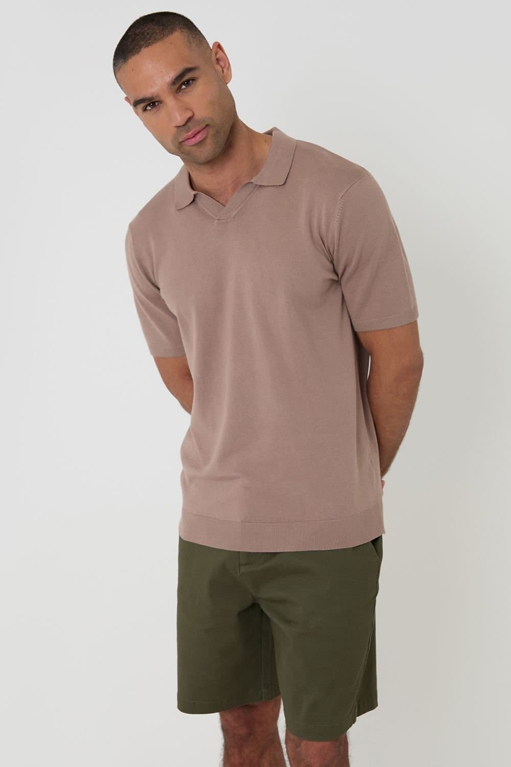 Threadbare Threadbare Men's Knitted Short Sleeve Trophy Neck Polo in Taupe