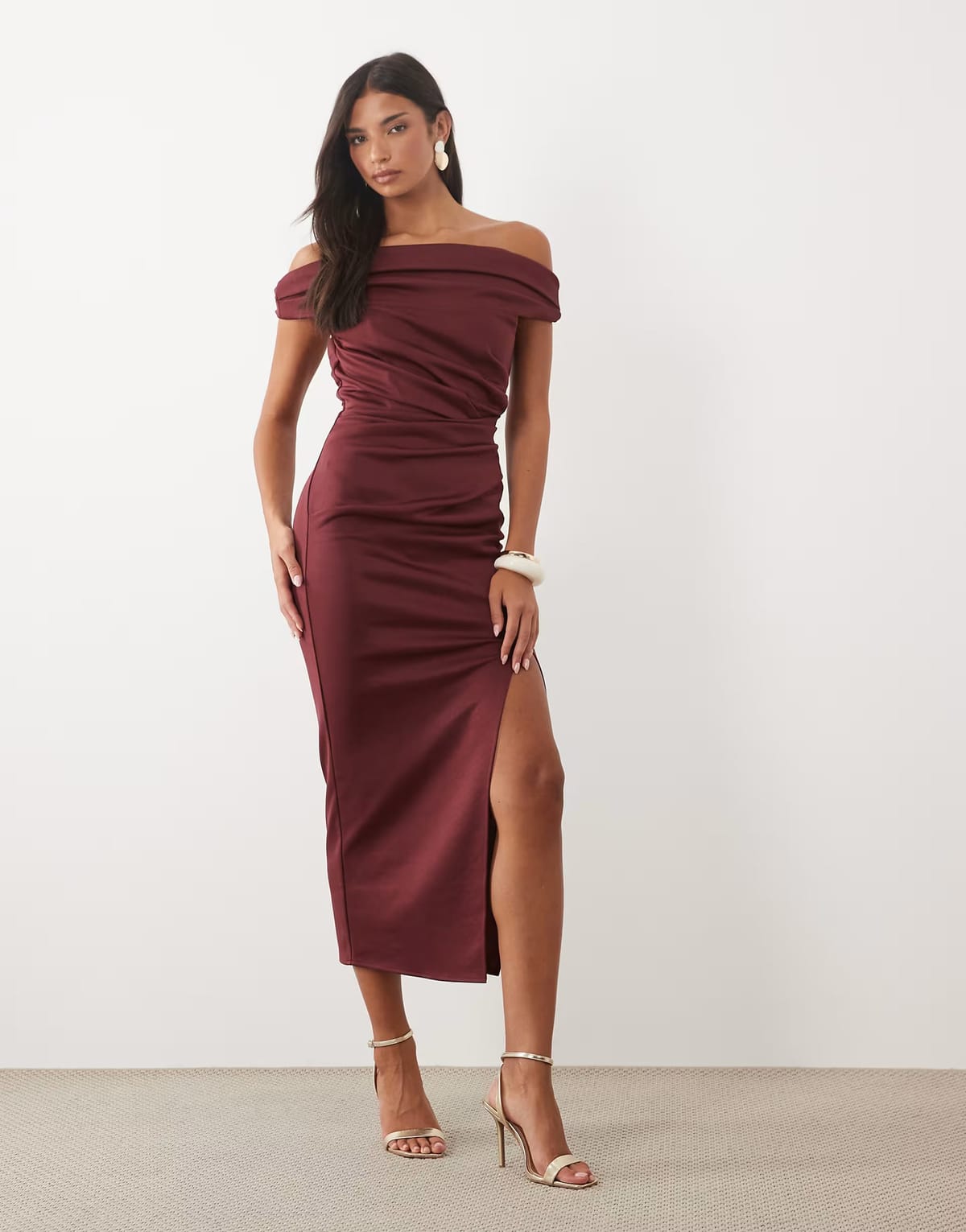 ASOS ASOS DESIGN twist bardot bodycon midi dress in burgundy scuba-style fabric - 1
