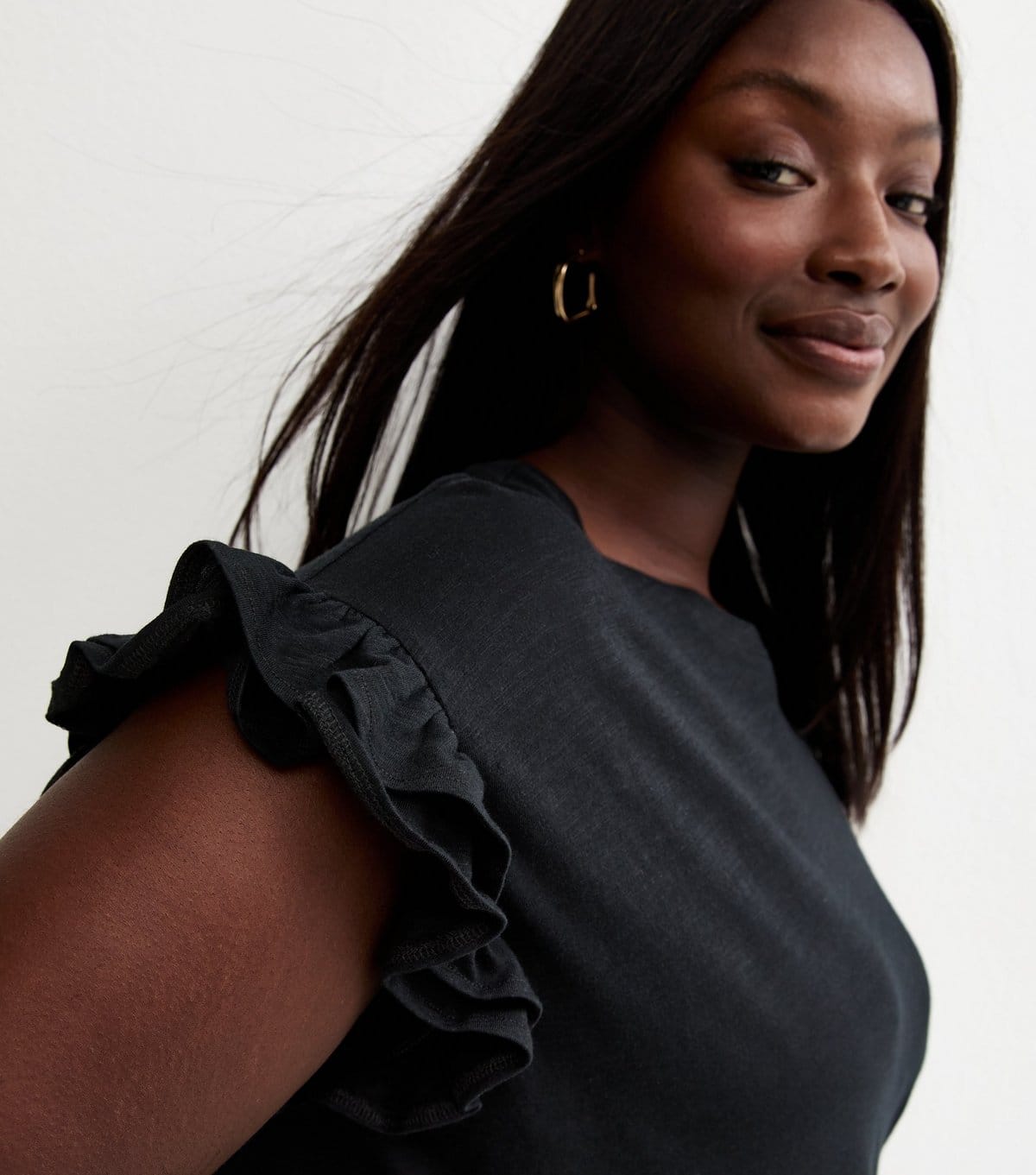 New Look Plus Size Black Frill Sleeve Slub Top