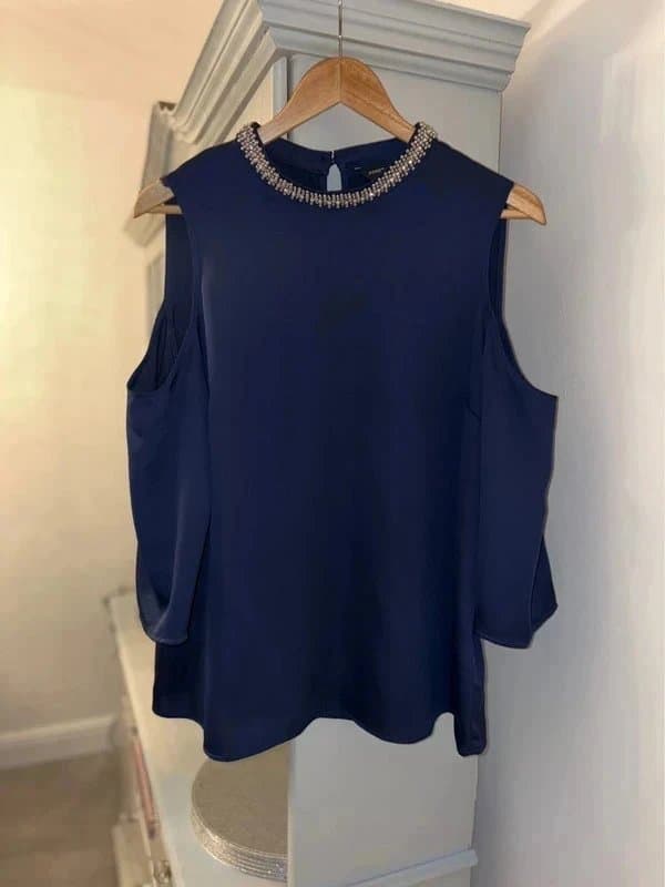 Dorothy Perkins NEW Size 16 Navy embellished diamanté dressy top 3/4 sleeve cut out shoulder evening smart sparkle