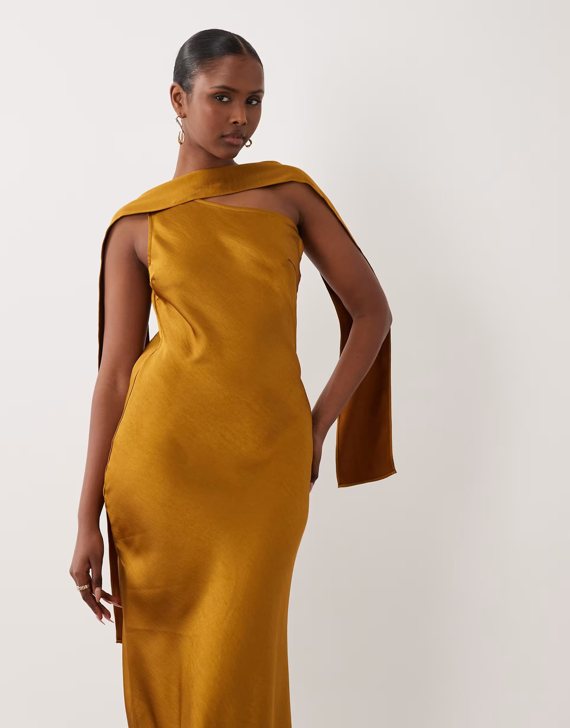 ASOS TFNC satin one shoulder maxi dress with scarf in bronze