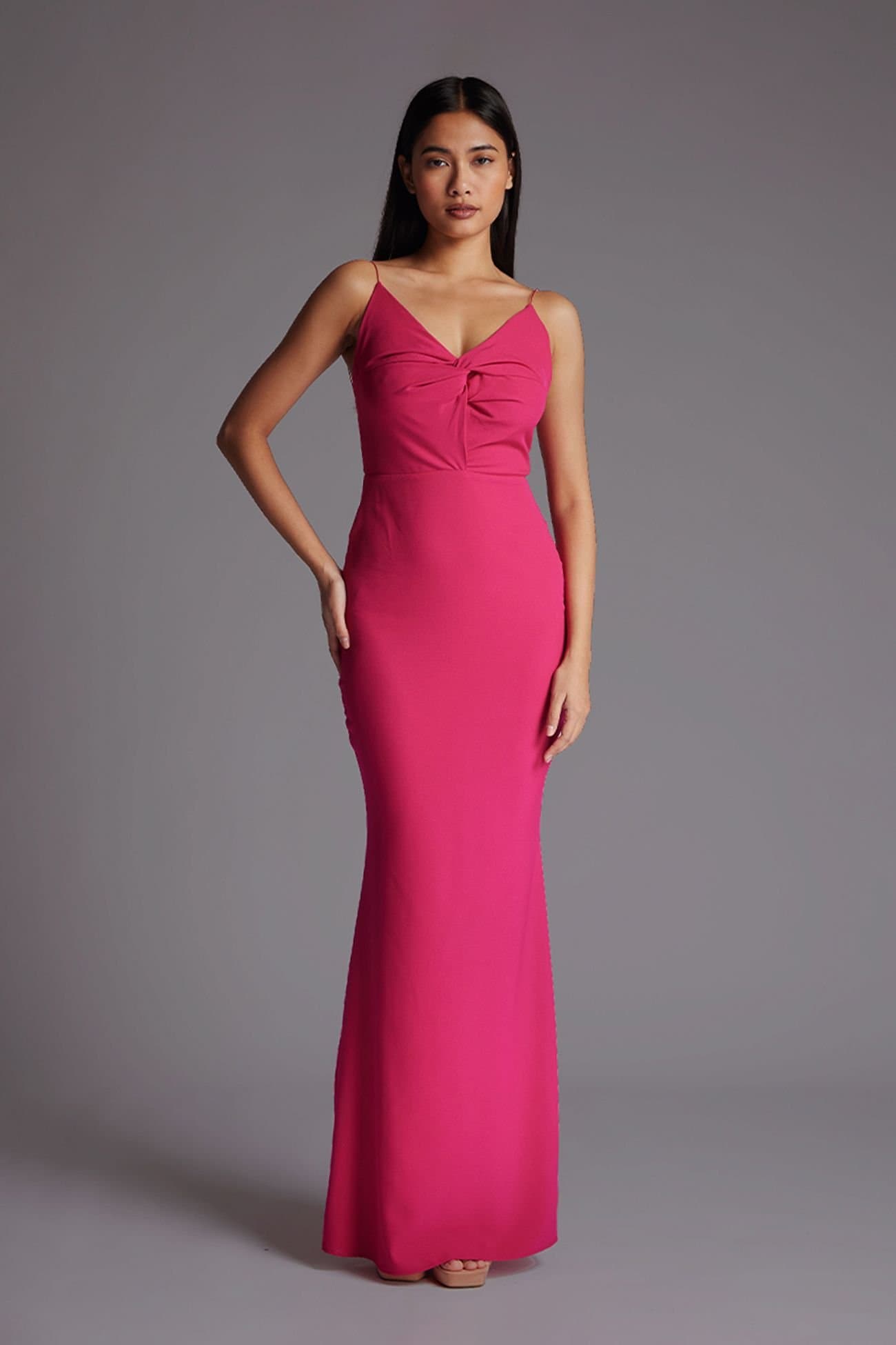 Vesper Vesper Women's Twist Front Low Back Fishtail Maxi Dress in Cerise