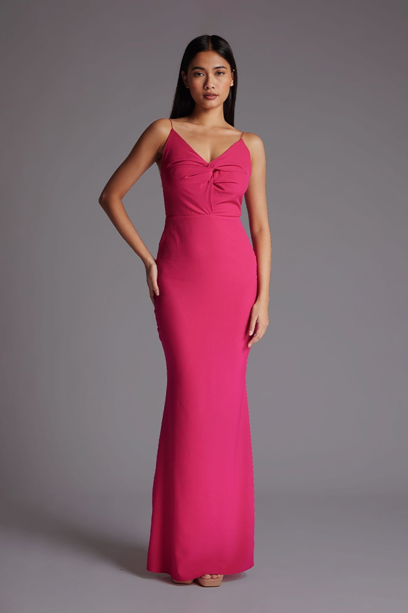 Vesper Cerise Twist Front Low Back Fishtail Maxi Dress