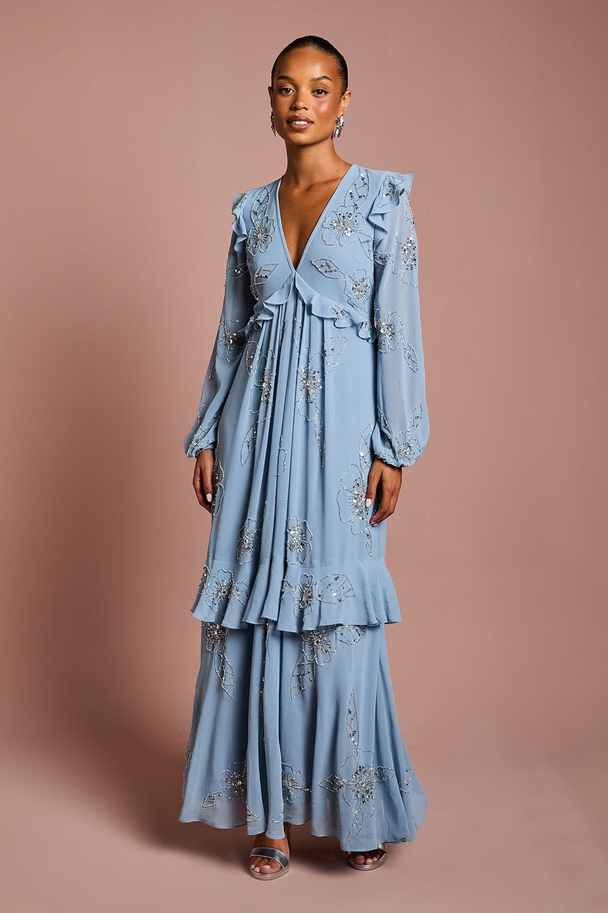 Coast Coast Women's Petite V Neck Long Sleeve Embellished Flower Tiered Georgette Midi Dress in Dusty Blue