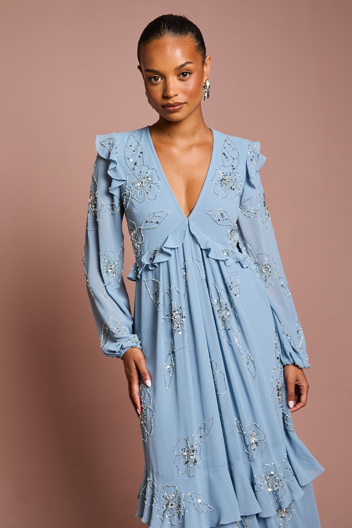 Coast Coast Women's Petite V Neck Long Sleeve Embellished Flower Tiered Georgette Midi Dress in Dusty Blue - 4