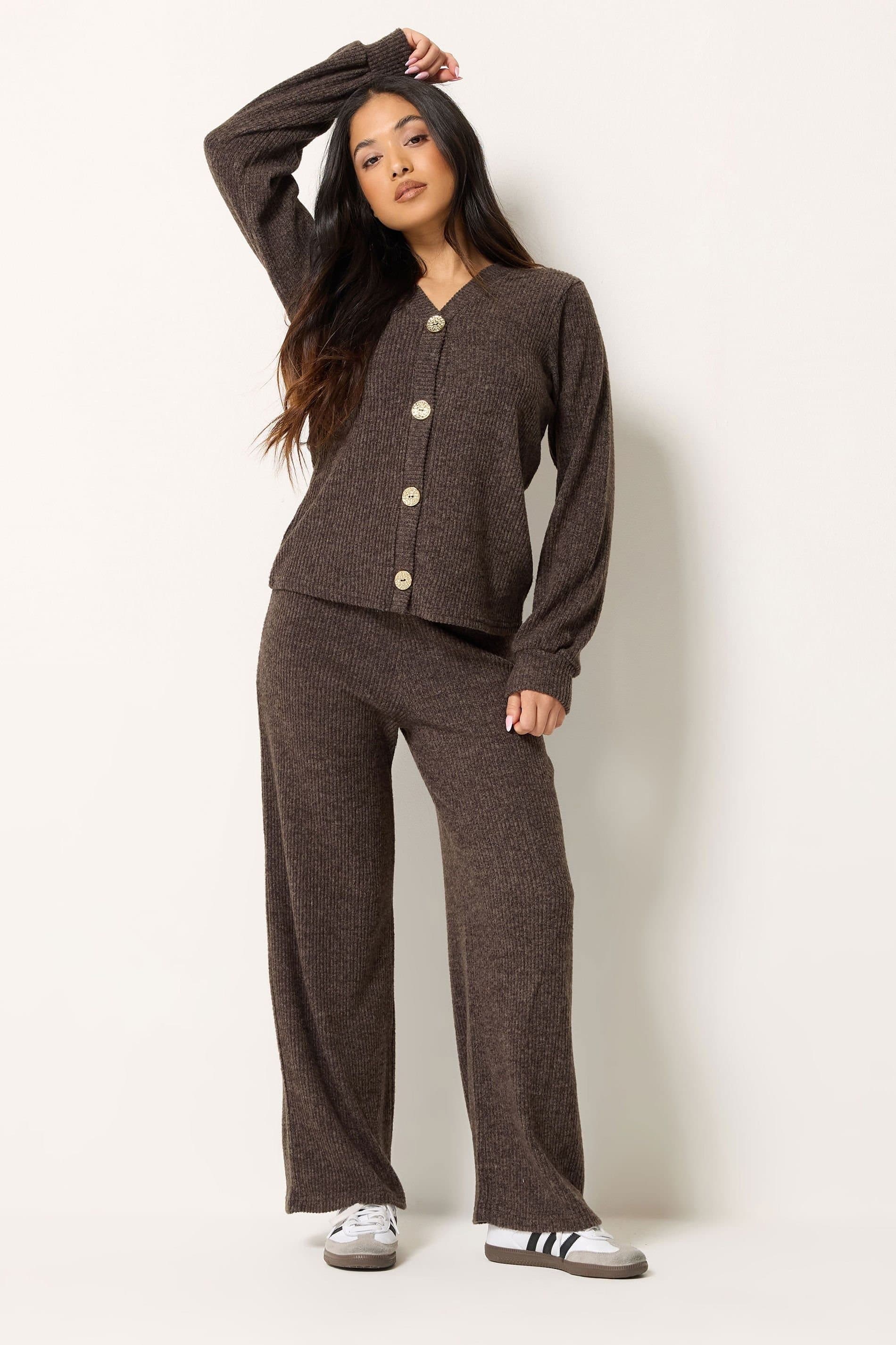PixieGirl PixieGirl Women's Petite Ribbed Cardigan & Wide Leg Trousers Set in Chocolate