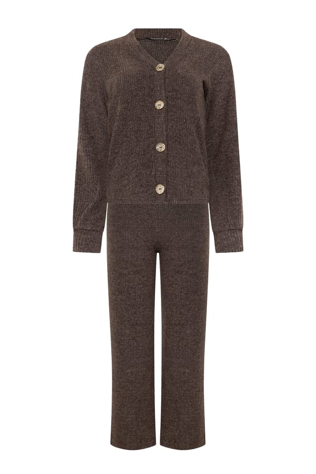 PixieGirl PixieGirl Women's Petite Ribbed Cardigan & Wide Leg Trousers Set in Chocolate - 2