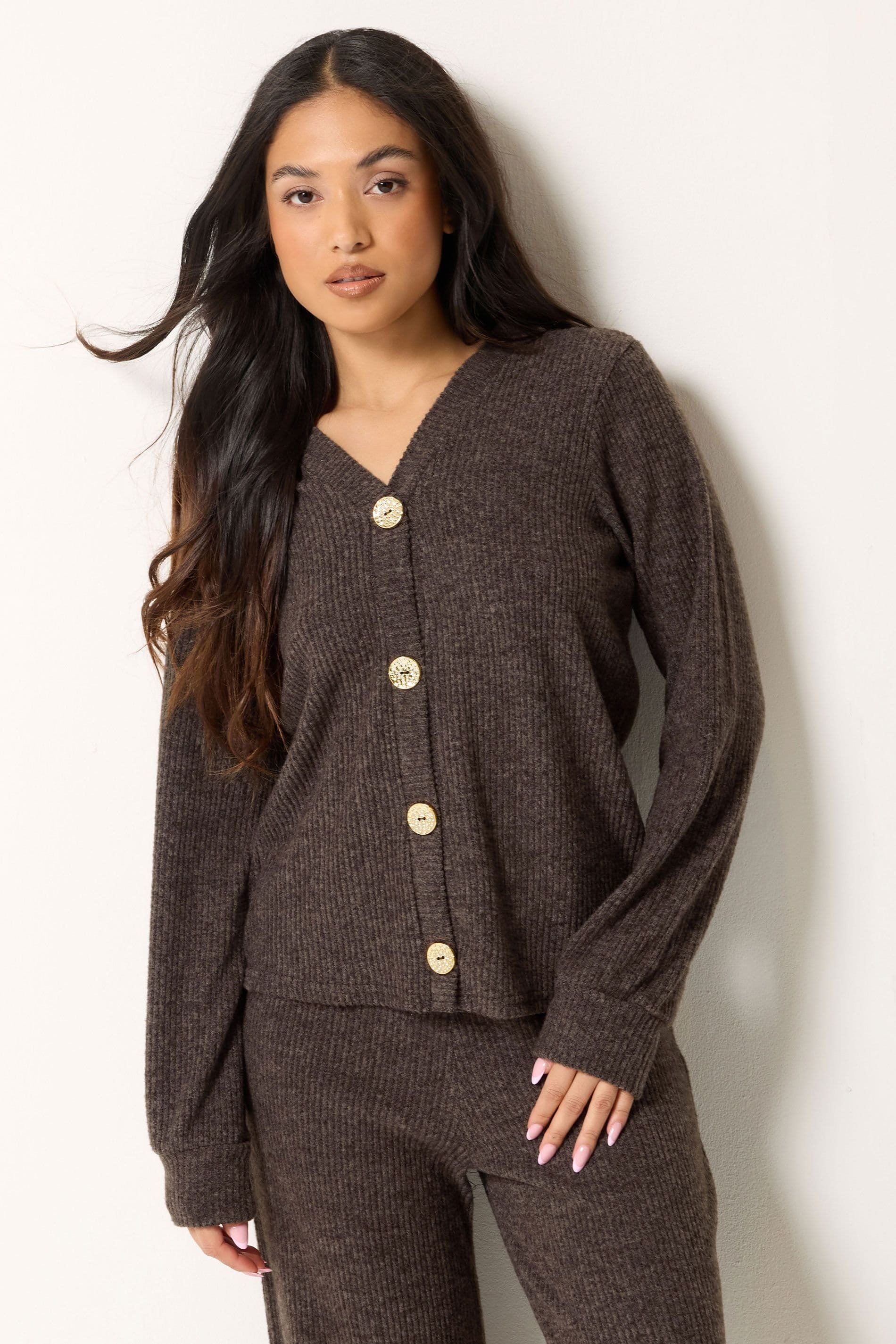 PixieGirl PixieGirl Women's Petite Ribbed Cardigan & Wide Leg Trousers Set in Chocolate - 4