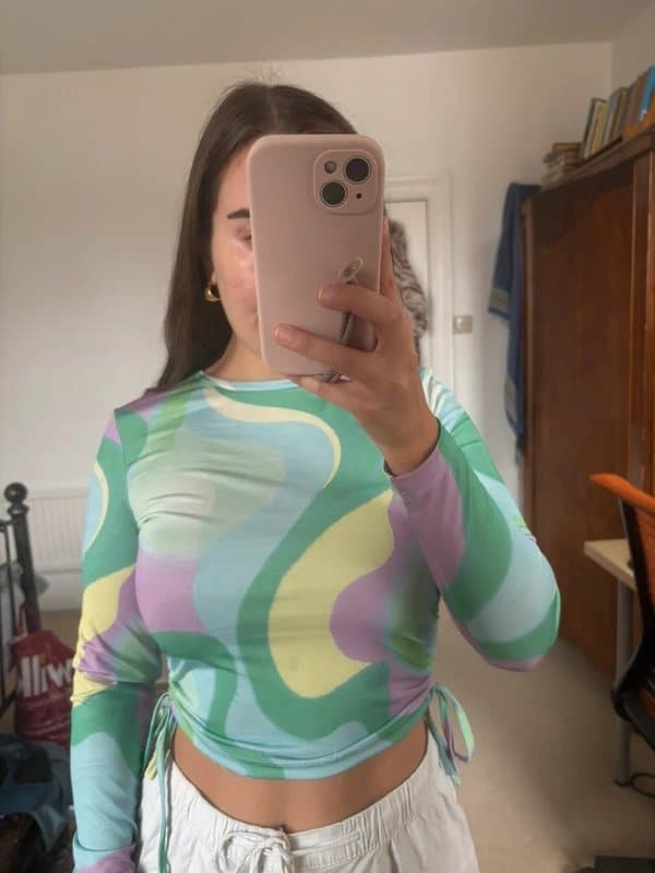 ASOS Asos ruched multi coloured long sleeve crop top groovy swirl 70s top size 10