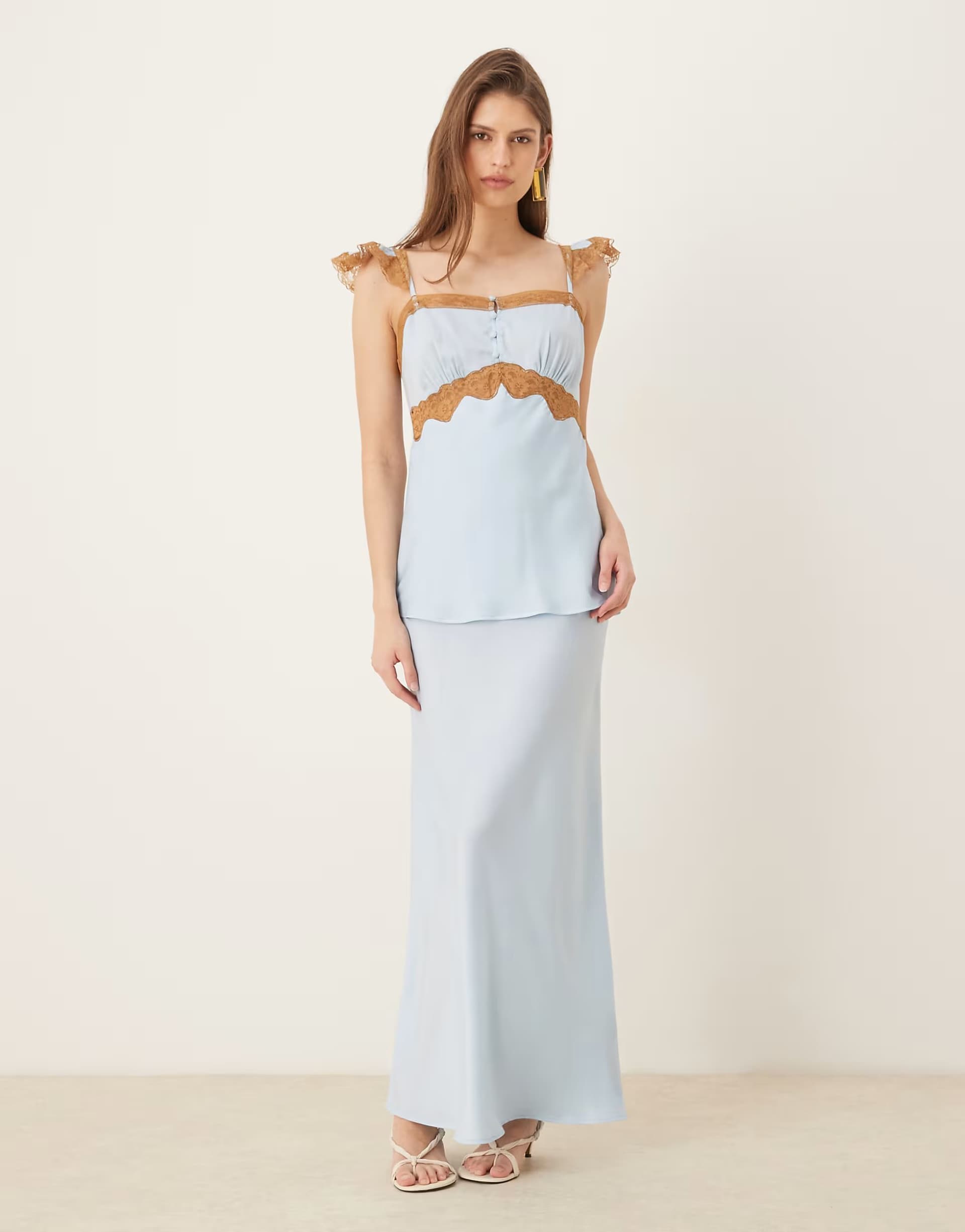 ASOS ASOS DESIGN frill sleeve cami overlay satin maxi dress in blue