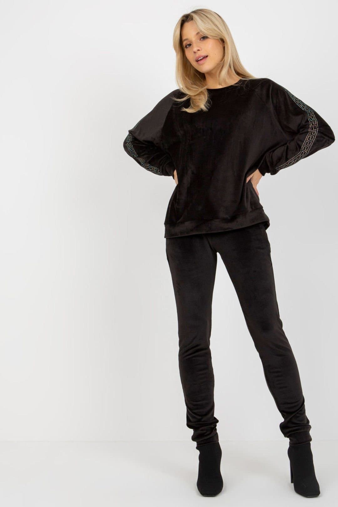 Love Lace Love Lace Women's Velour Blouse & Long Pants Rhinestone Set in Black