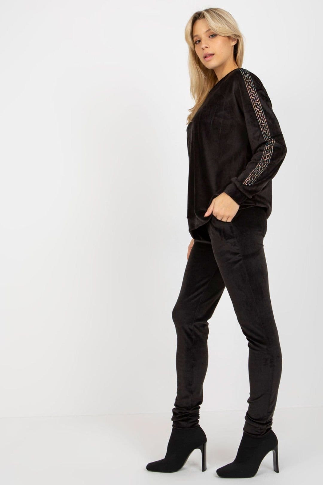 Love Lace Love Lace Women's Velour Blouse & Long Pants Rhinestone Set in Black - 4