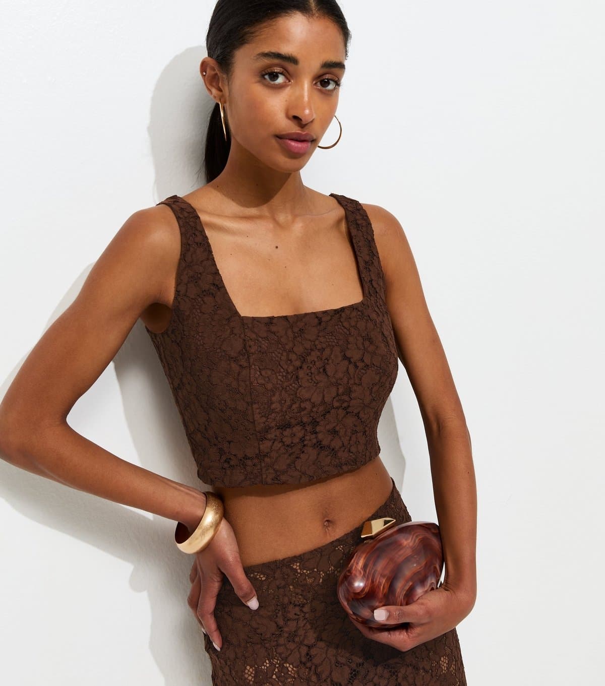 New Look Women's Dark Brown Lace Square Neck Crop Top New Look