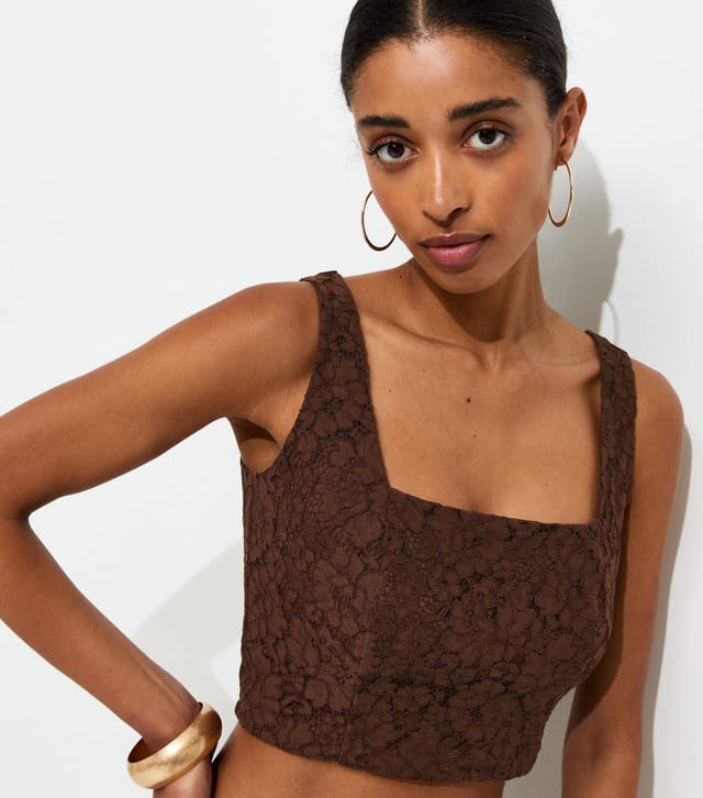 New Look Women's Dark Brown Lace Square Neck Crop Top New Look - 3