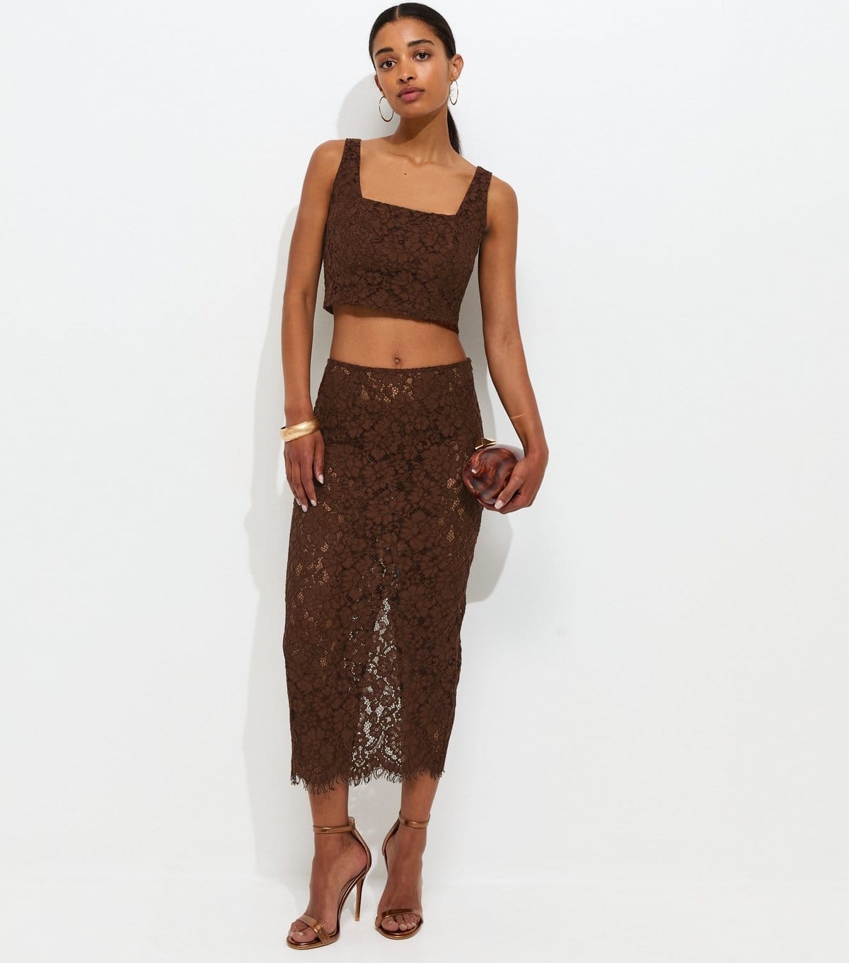 New Look Women's Dark Brown Lace Square Neck Crop Top New Look - 4