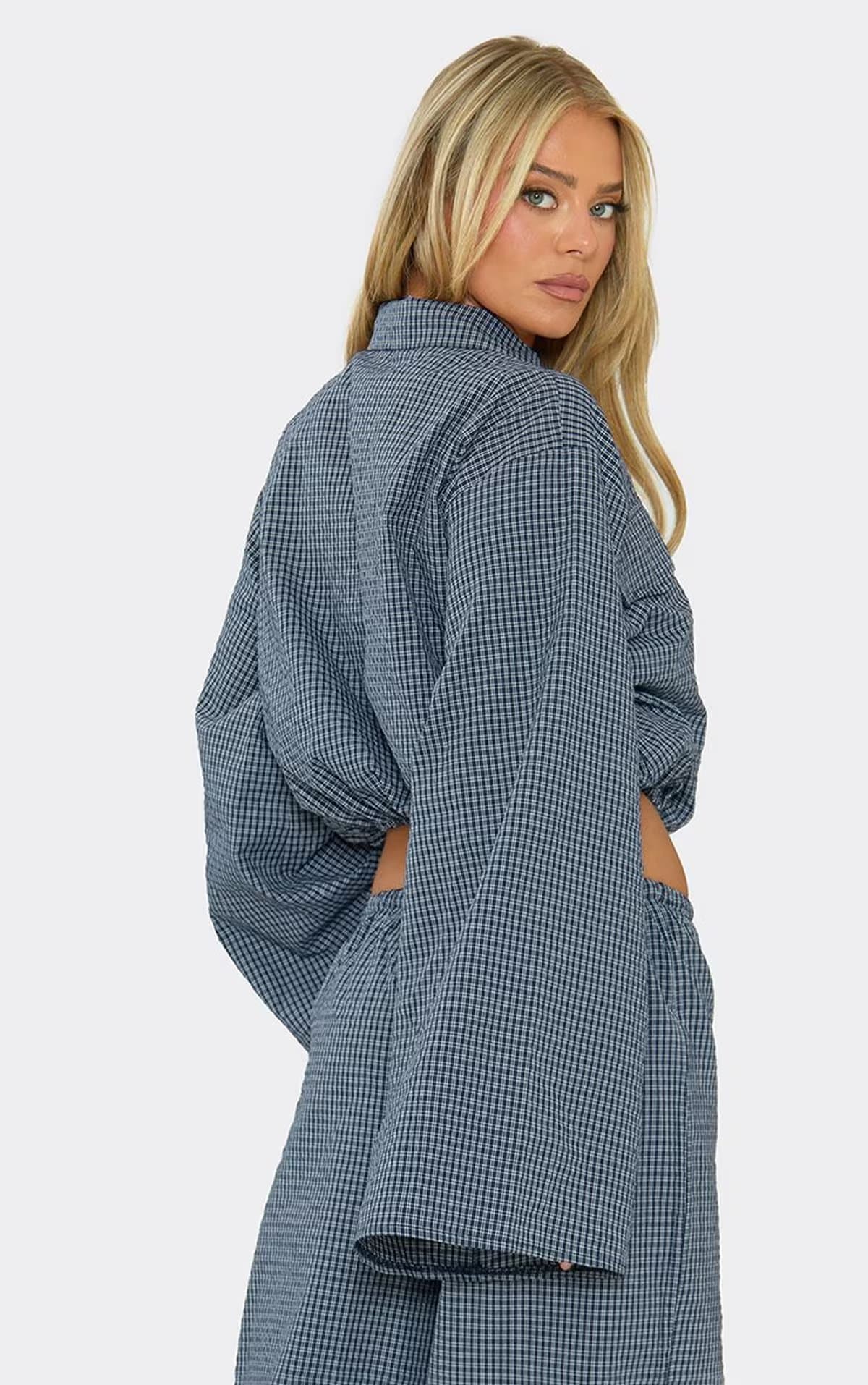 EGO Long Flared Sleeve Collared Jacket In Navy Check Print, Women's Size UK 6