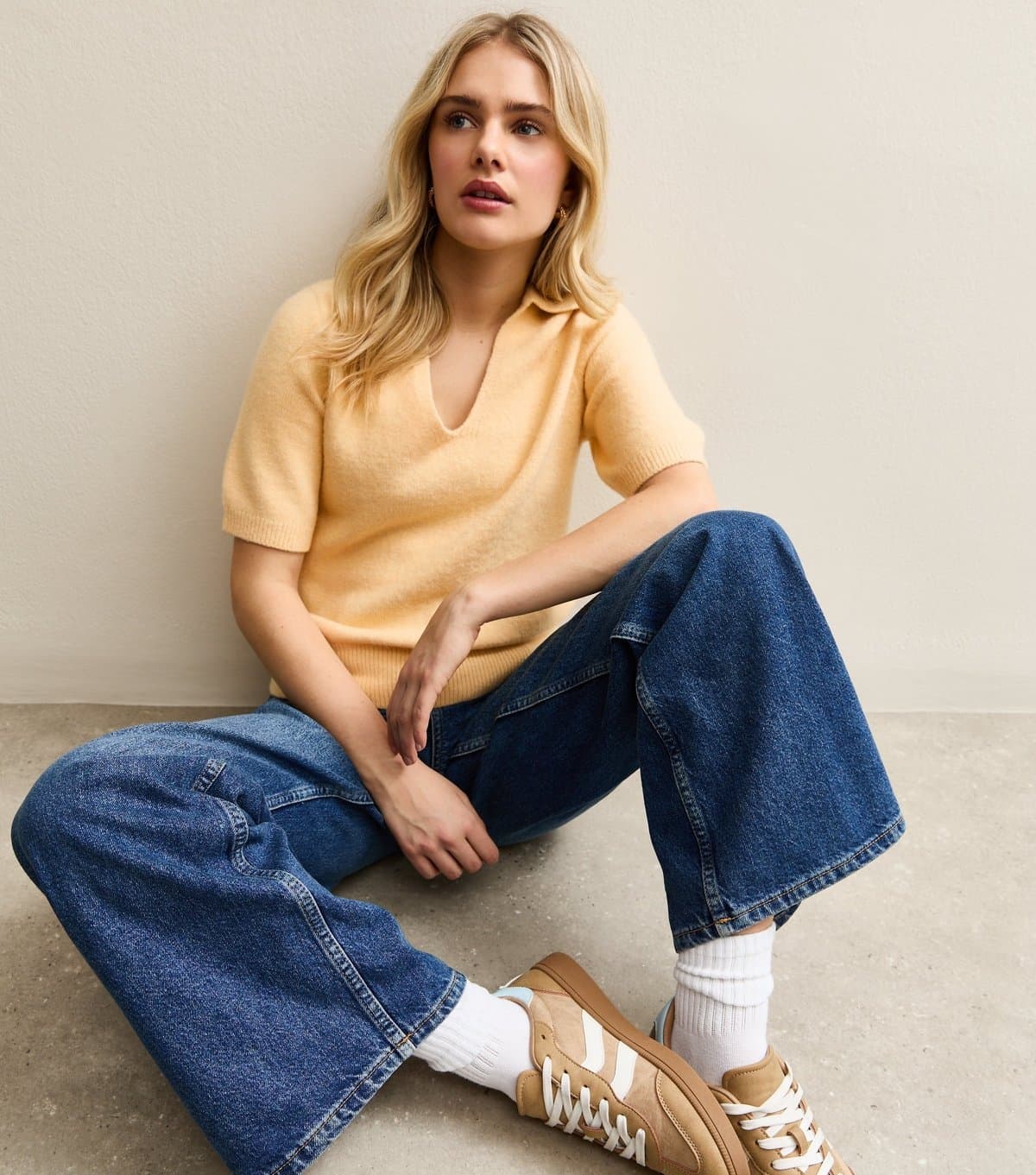 New Look Women's Light Yellow Open Collar Knit Top New Look