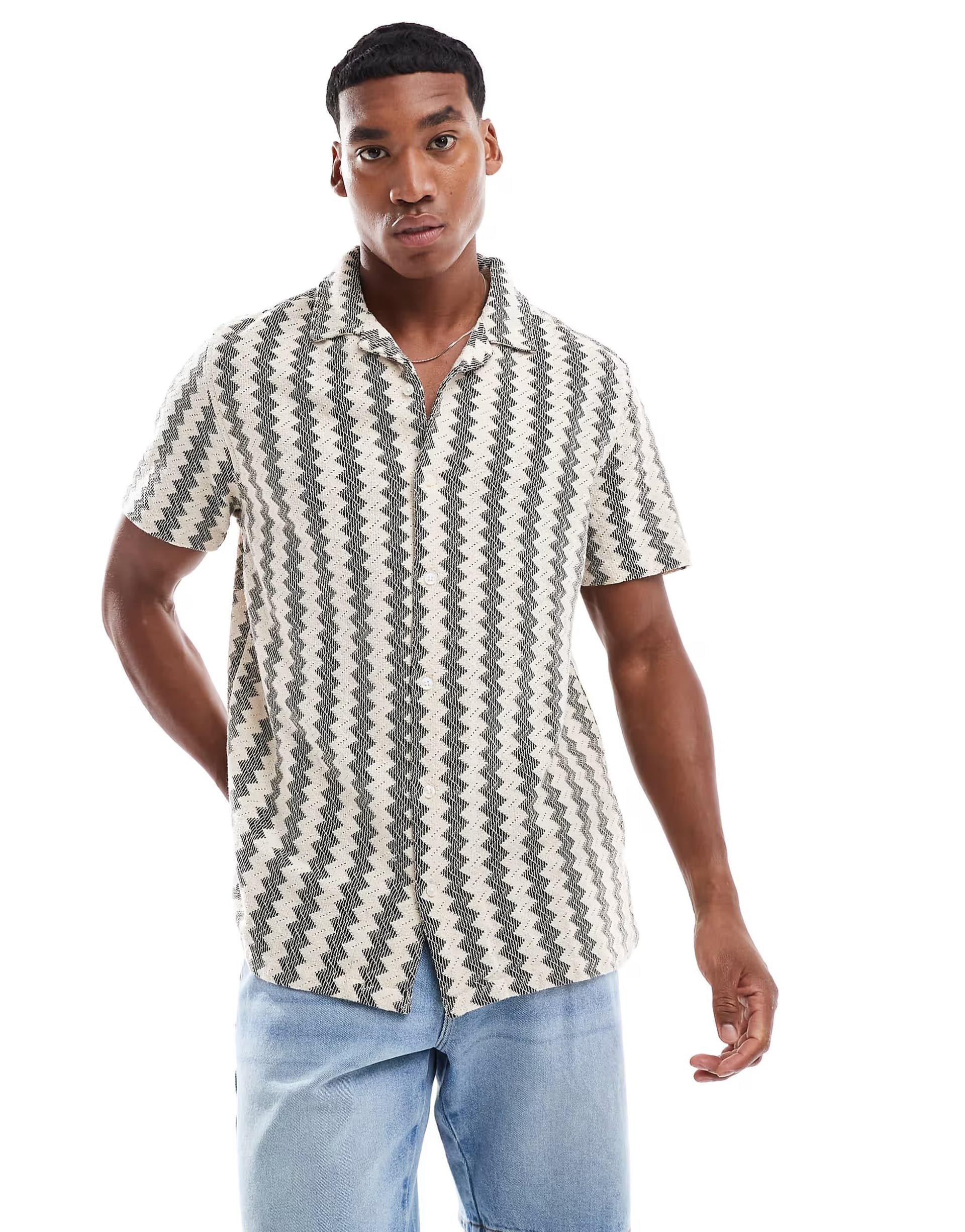 ASOS Brave Soul Zig zag stripe short sleeve shirt in natural